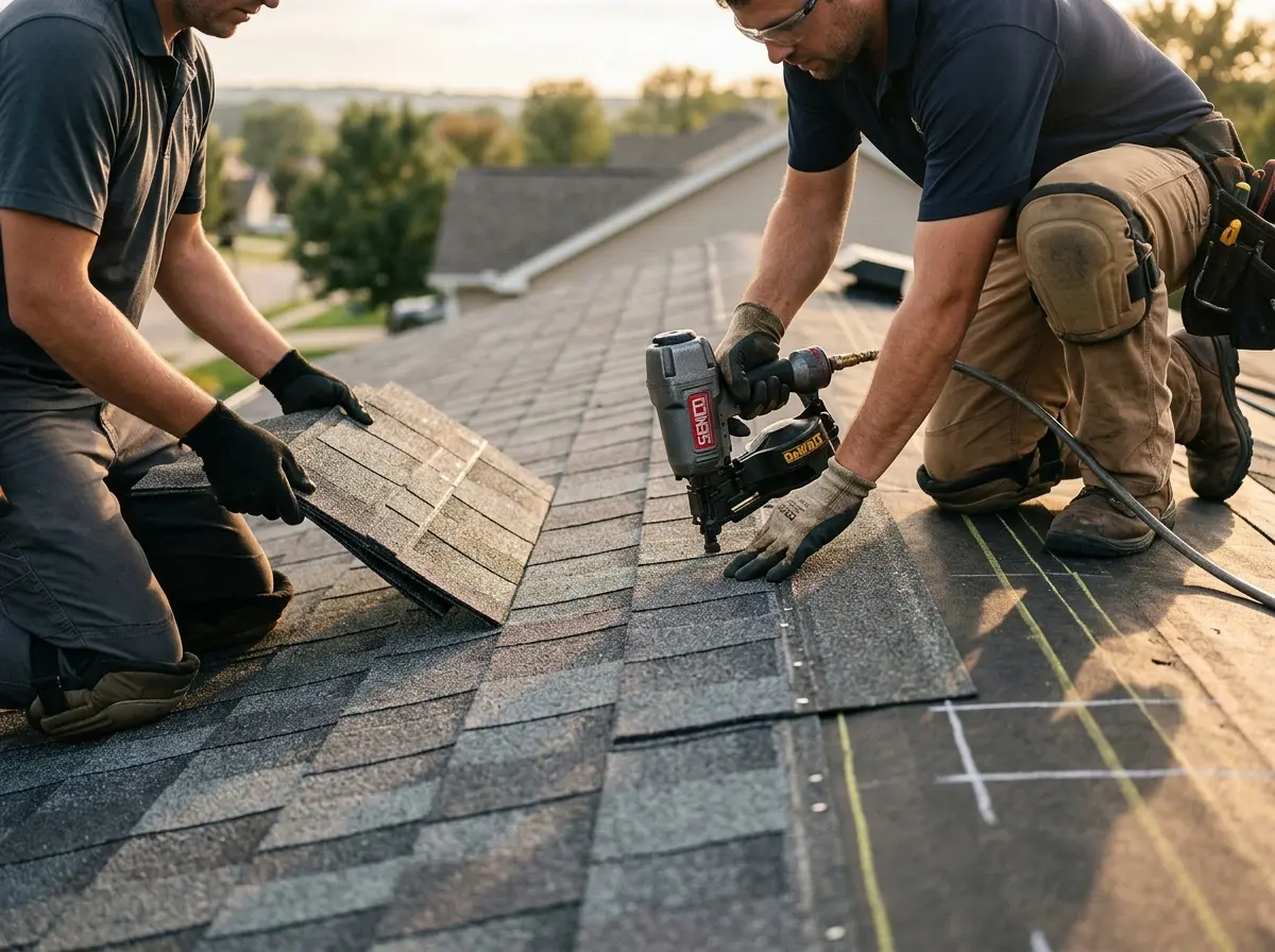 Professional roofer working on a residential roof in Shelton